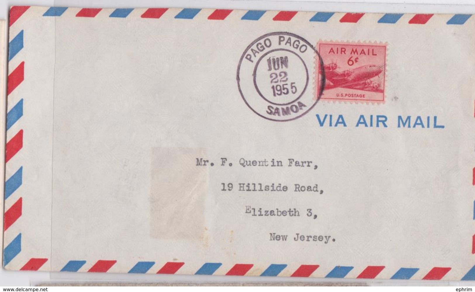 AMERICAN SAMOA - AIR MAIL COVER PAGO PAGO 1955 TO ELIZABETH NEW JERSEY - ENVELOPPE SAMOA AMERICAINE - Samoa Américaine