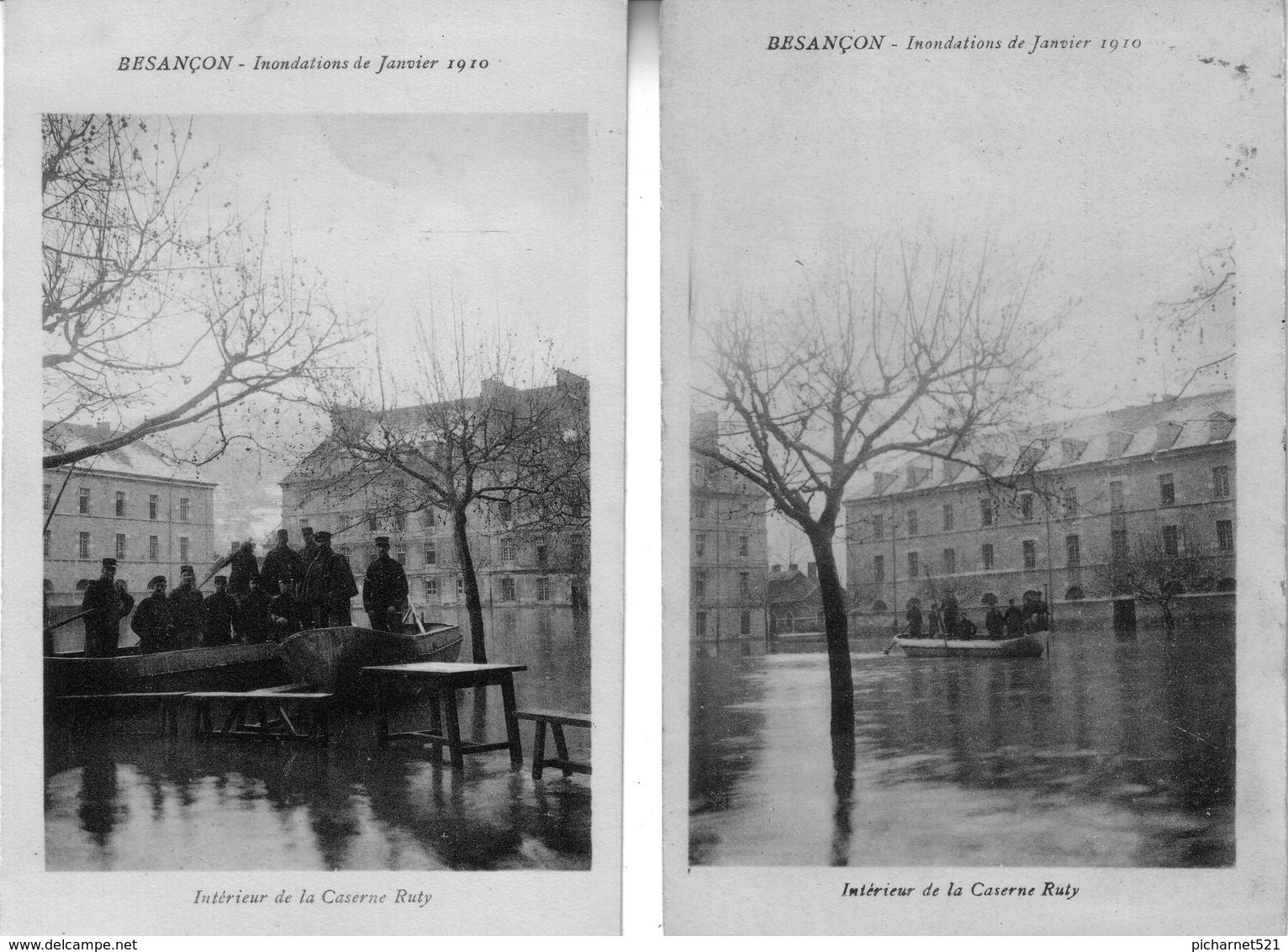 2 CPA De BESANCON (Doubs) - Inondations De Janvier 1910. Intérieur De La Caserne Ruty. 1 A Circulée. Bon état. - Besancon