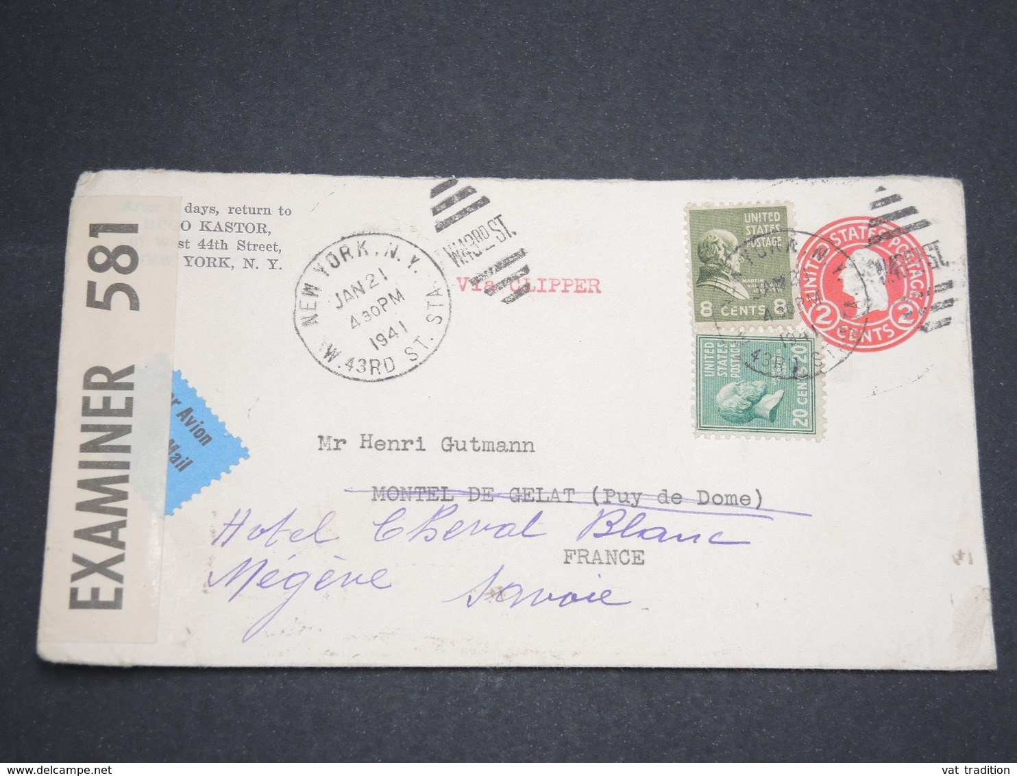 ETATS UNIS - Entier Postal + Complément De New York Pour La France En 1941 Avec Contrôle Postal -  L 13621 - Postal History