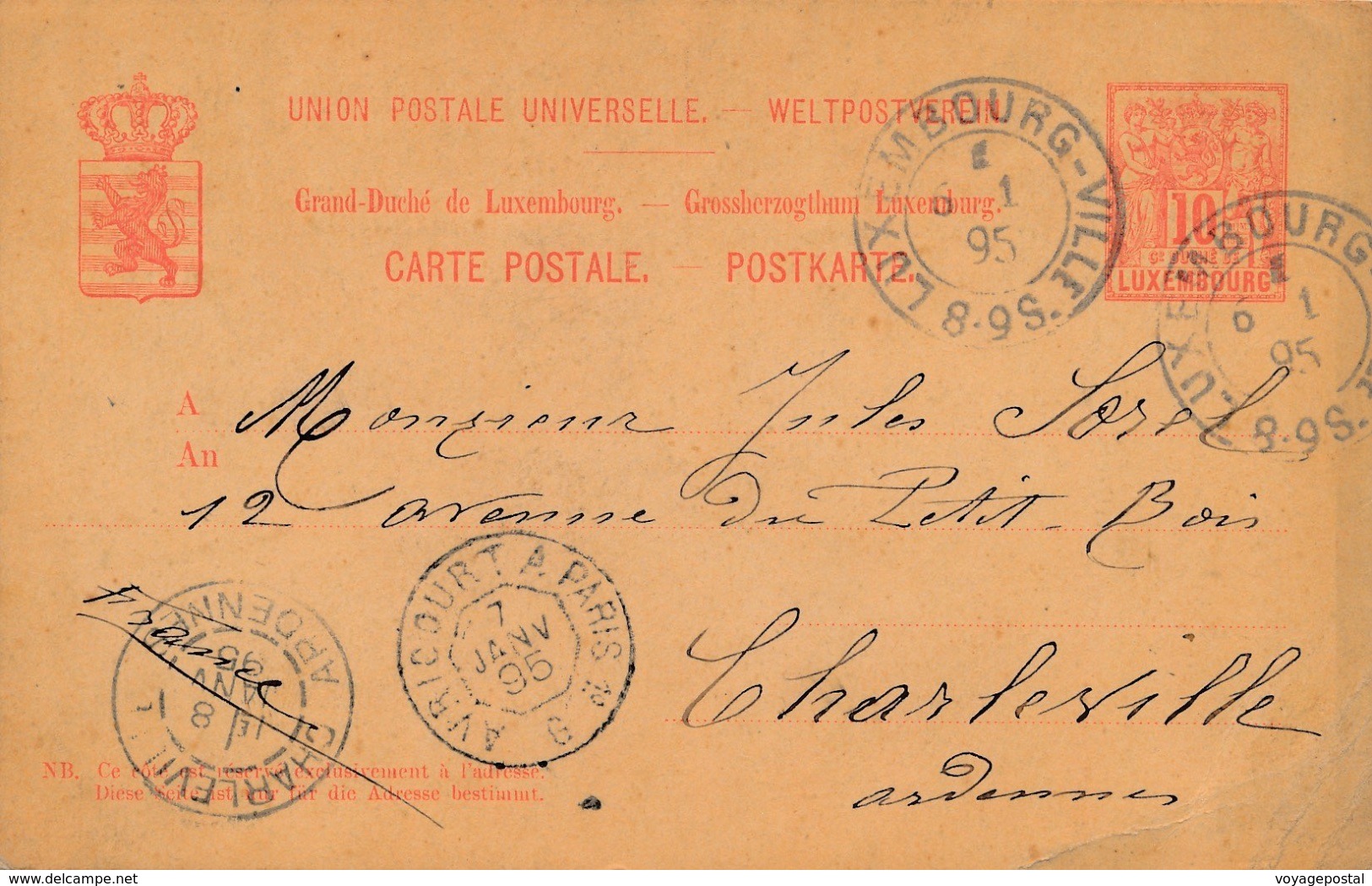 Entier Postal Luxembourg Ville Ambulant Avincourt A Paris Pour Charleville - Entiers Postaux