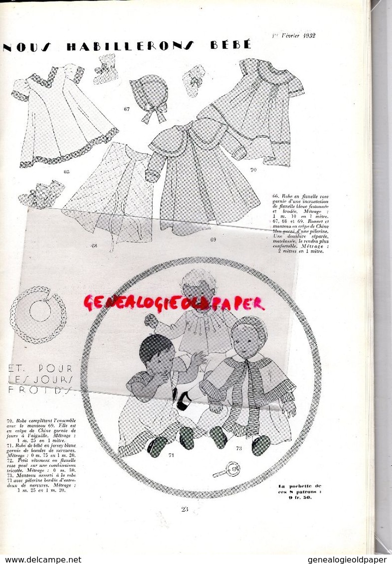 REVUE MODES & TRAVAUX-1 FEVRIER 1932-N° 29-BOUCHERIT- SKI BEBE NESTLE-JEANNE LANVIN-DAVID-WORTH-BURBERRYS-ROUFF-WECLA-