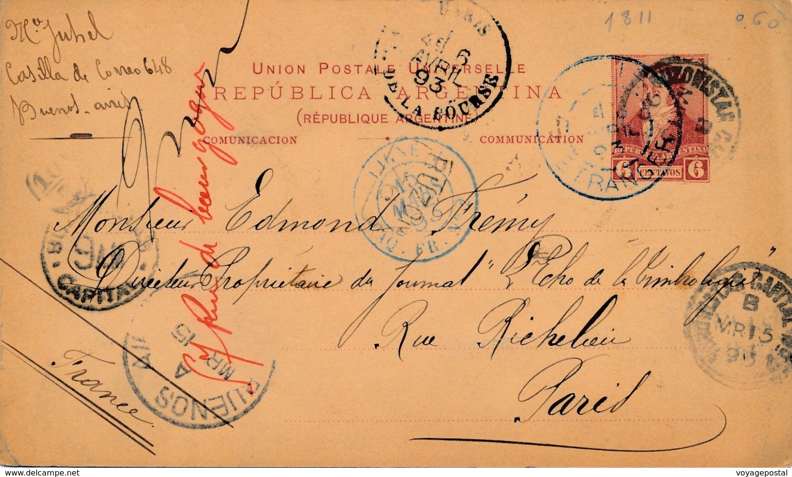 Entier Postal Buenos Aires Ligne Paq Fr Bleu Pour Paris - Postal Stationery