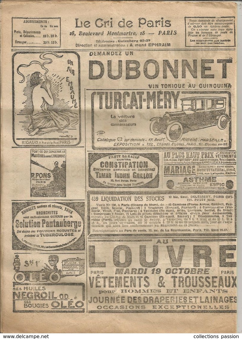 Revue , LE CRI DE PARIS , N) 1229, 17 Octobre 1920 , 17 Pages , Nombreuses Publicités , 6 Scans , Frais Fr 1.95 E - 1900 - 1949
