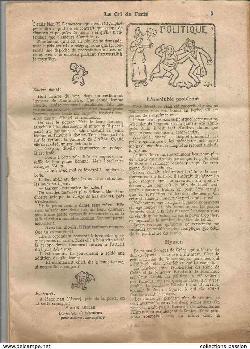 Revue , LE CRI DE PARIS , N) 1229, 17 Octobre 1920 , 17 Pages , Nombreuses Publicités , 6 Scans , Frais Fr 1.95 E - 1900 - 1949