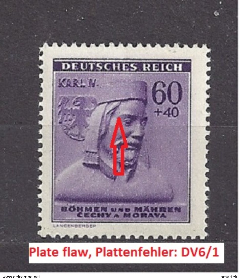 Bohemia & Moravia Böhmen Und Mähren 1943 MNH ** Mi 114 Sc B15 Karel IV. Winter Relief. Winterhilfswerk. Plate Flaw DV6. - Ungebraucht