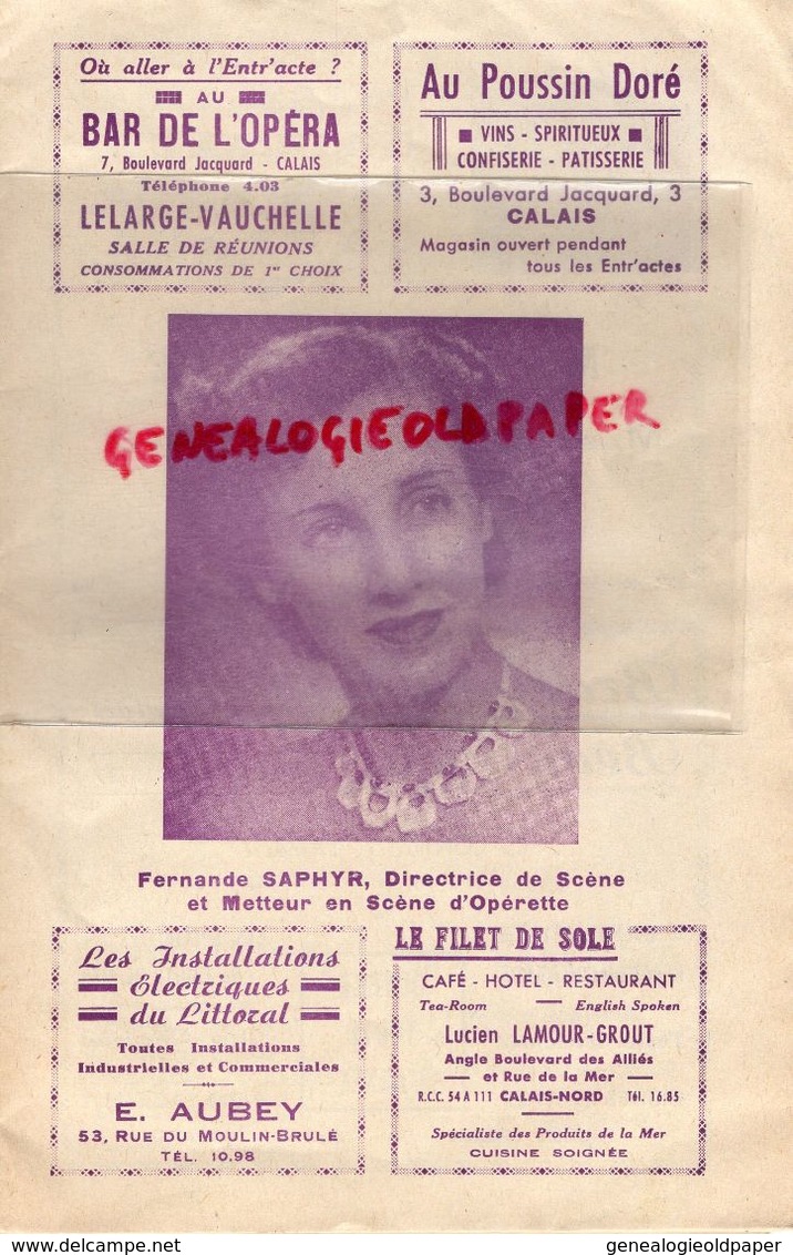 62- CALAIS-PROGRAMME THEATRE MUNICIPAL-55-56-GEORGES GUESNON-FERNANDE SAPHYR-LYSE DEPRE-EDMOND CARBO-VEUVE JOYEUSE-LEHAR - Programs