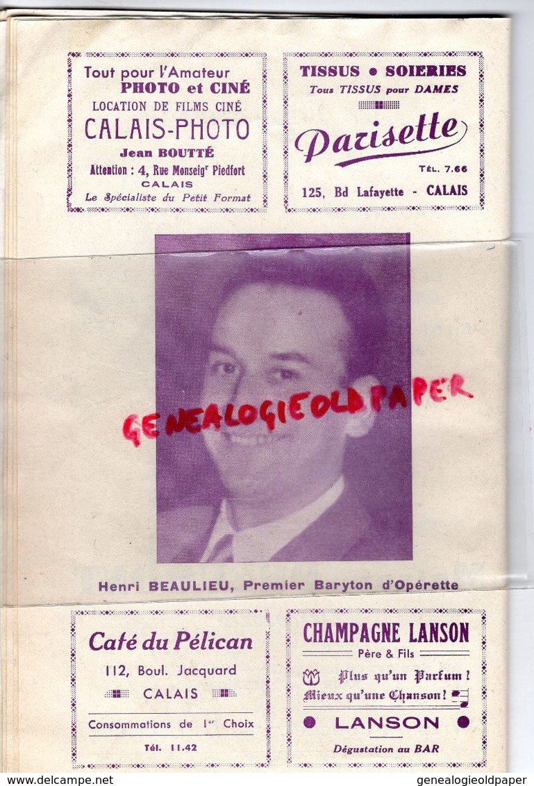 62- CALAIS-PROGRAMME THEATRE MUNICIPAL-55-56-GEORGES GUESNON-FERNANDE SAPHYR-LYSE DEPRE-EDMOND CARBO-VEUVE JOYEUSE-LEHAR