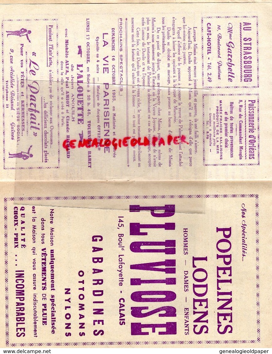 62- CALAIS-PROGRAMME THEATRE MUNICIPAL-55-56-GEORGES GUESNON-FERNANDE SAPHYR-LYSE DEPRE-EDMOND CARBO-VEUVE JOYEUSE-LEHAR