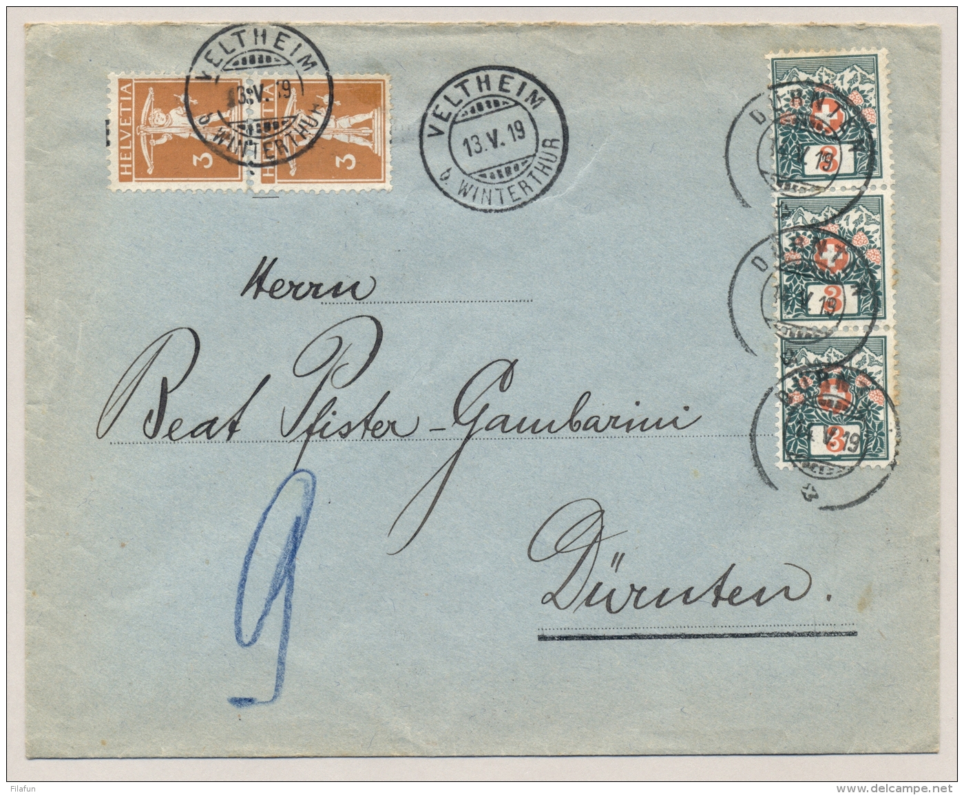 Schweiz - 1919 - 3x 3c Portomarke In Strip On Taxed Cover From  Veltheim To Dürnten - Segnatasse