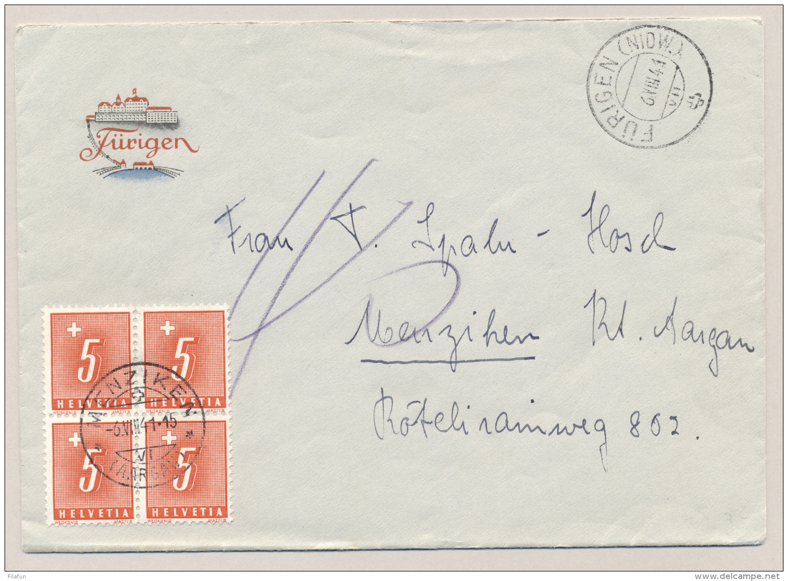 Schweiz - 1941 - 4x 5c Portomarke In Block On Unfranked Cover From Fürigen To Menziken - Strafportzegels