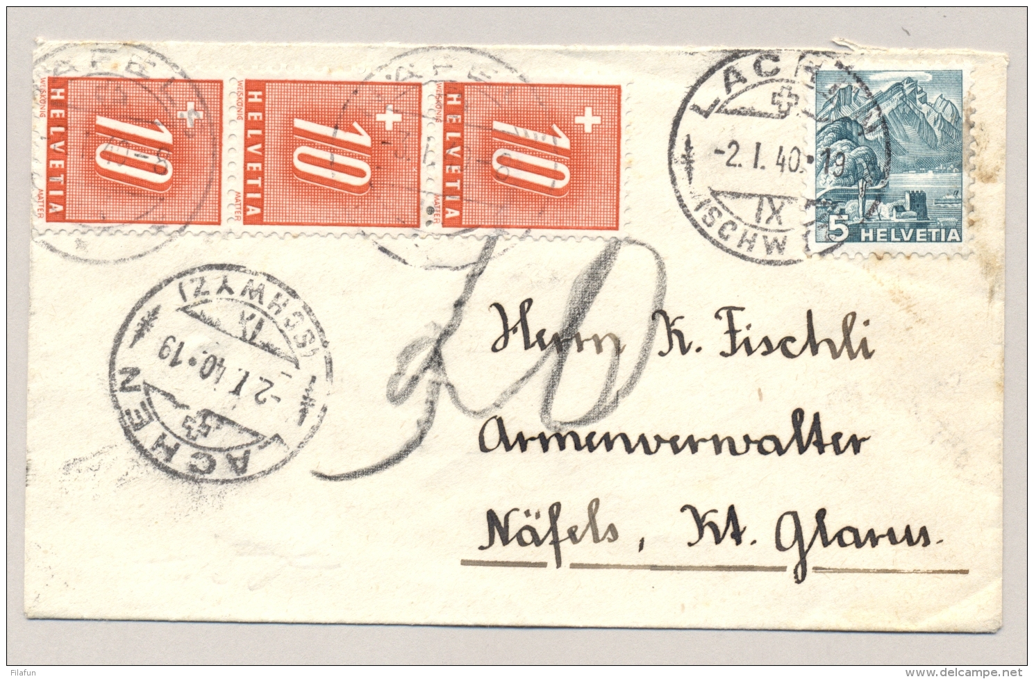 Schweiz - 1940 - 3x 10c Portomarke In Strip On Taxed Cover From  Lachen To Näfels - Strafportzegels