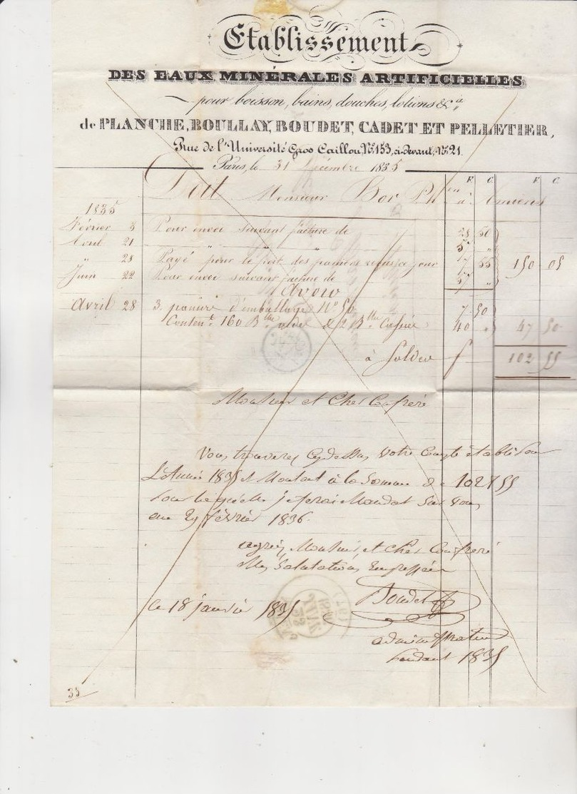 75 Ets Des Eaux Minerales Artificielles De Planche,Boulay Etc Rue  Université Gros Caillou N°153,Facture De 1835 Avec Ca - 1800 – 1899