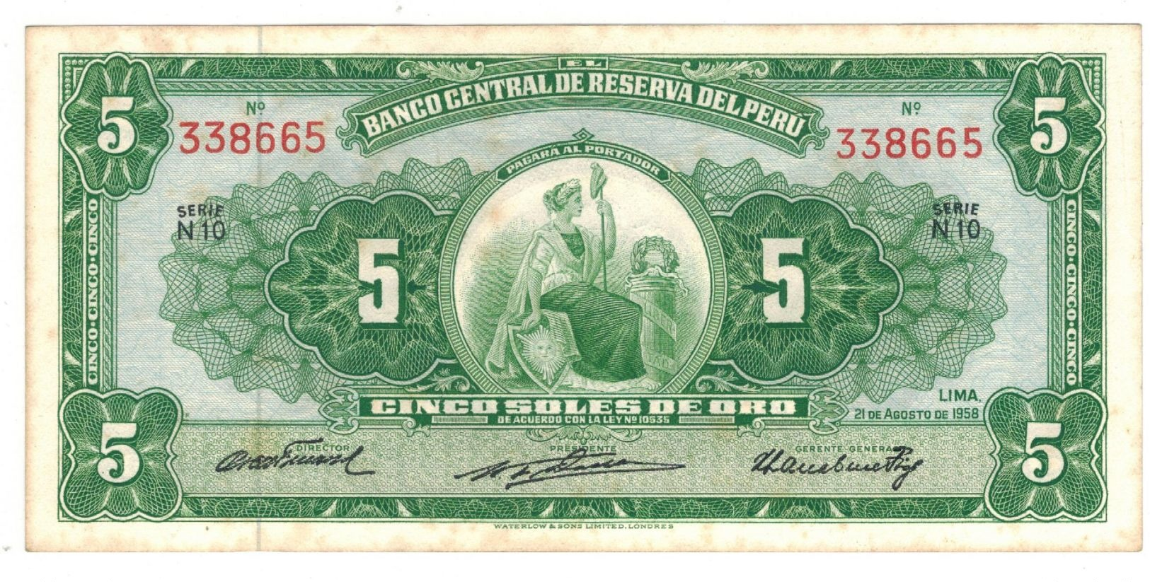 PERU 5 Soles De Oro, 1958, W & S Note, XF. - Pérou