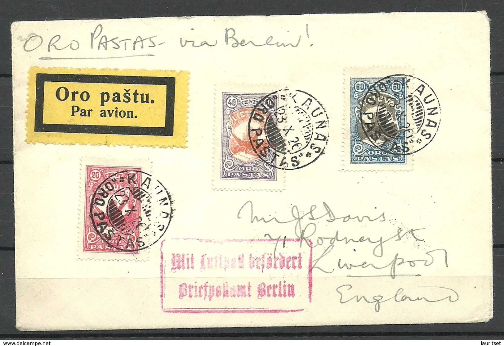 LITAUEN Lithuania 1926 Air Mail Cover To England - Lithuania