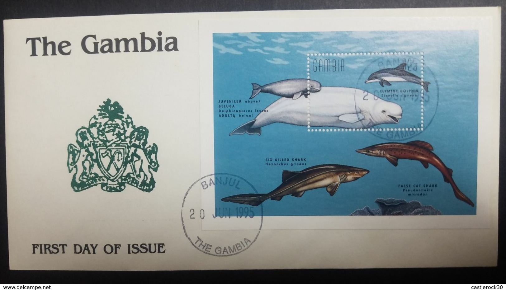 O) 1995 GAMBIA, MARINE LIFE-DOLPHIN-FALSE CAT SHRK-SIX GILLED, FDC XF, - Gambia (1965-...)