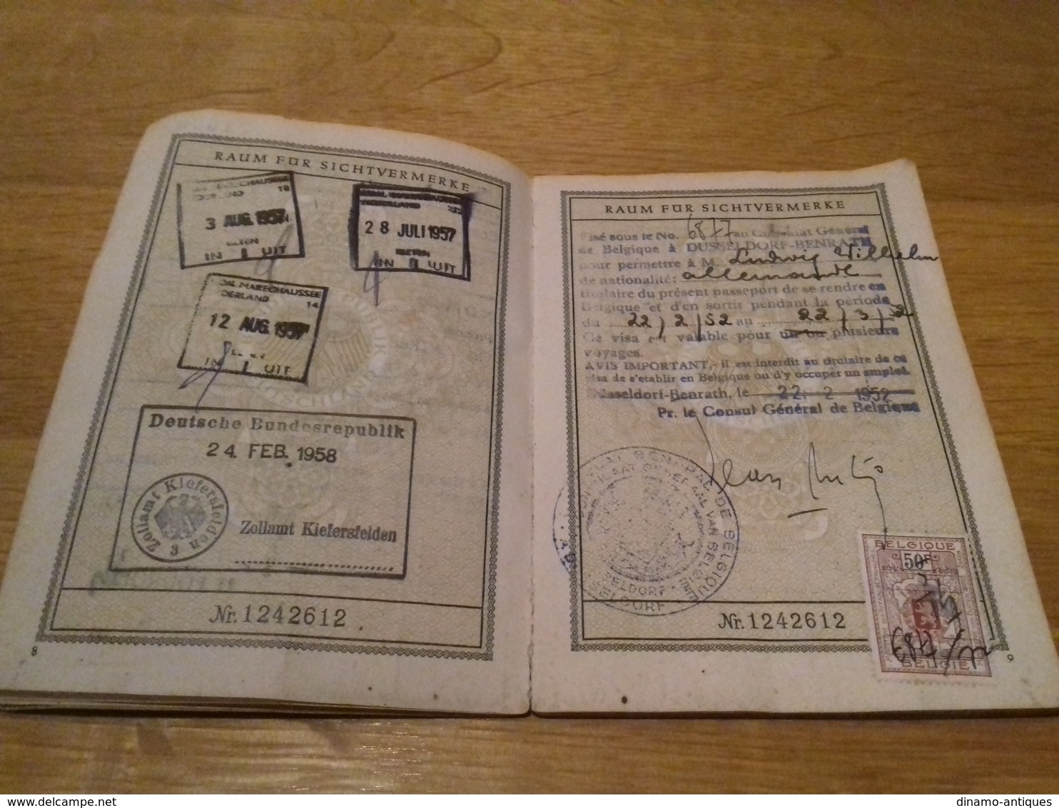 1951 Germany reisepass passport reisepass - visas: France, Belgium, Denmark border stamps - revenues