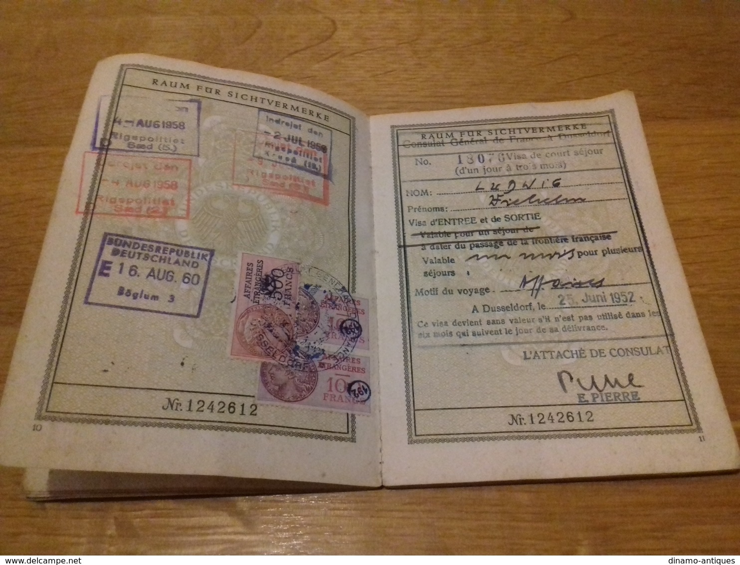 1951 Germany reisepass passport reisepass - visas: France, Belgium, Denmark border stamps - revenues