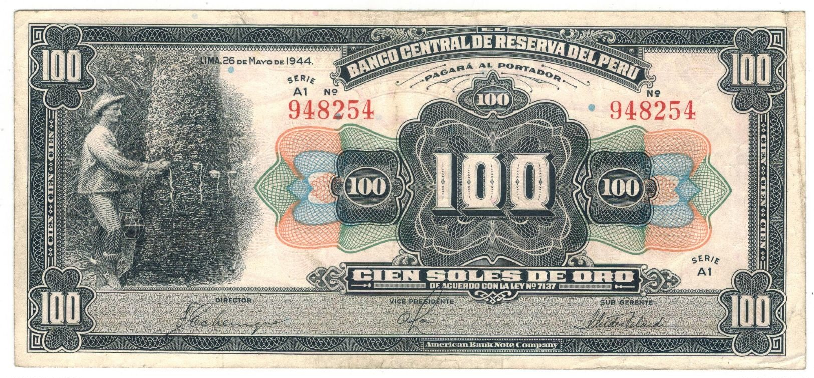 PERU 100 Soles De Oro, 1944, Series A1, Crisp VF+. - Peru