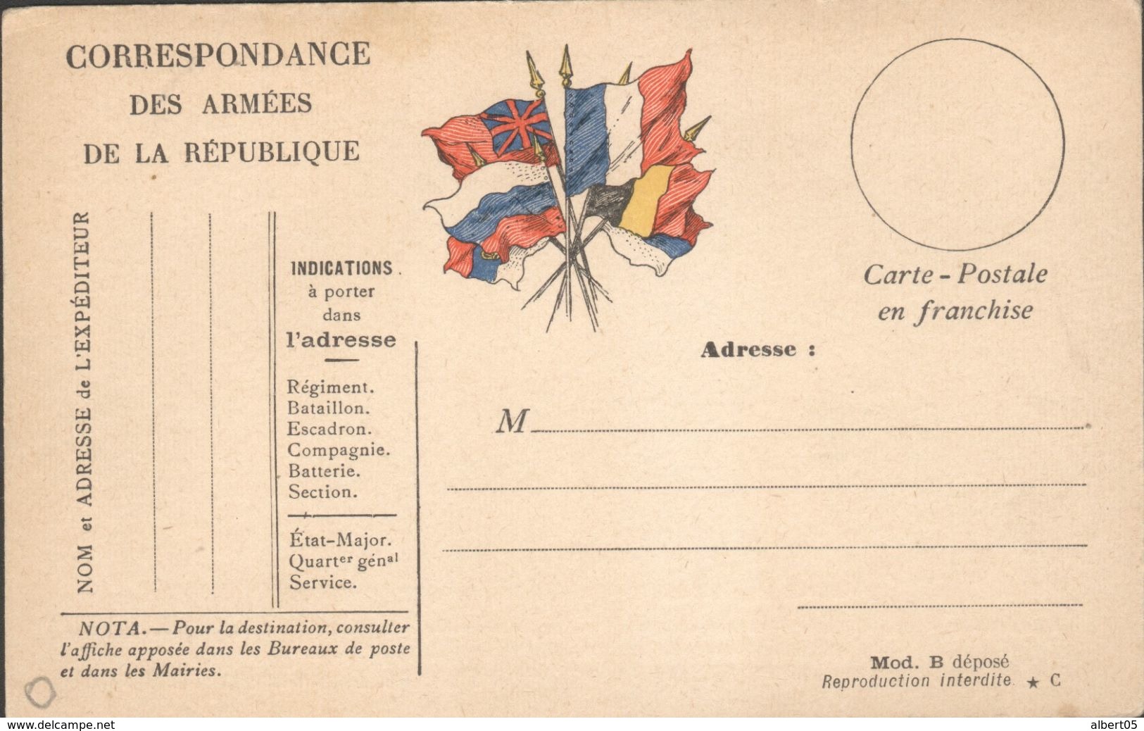 Carte De Correpondance Militaire En Franchise - Drapeaux - Guerre De 1914-18