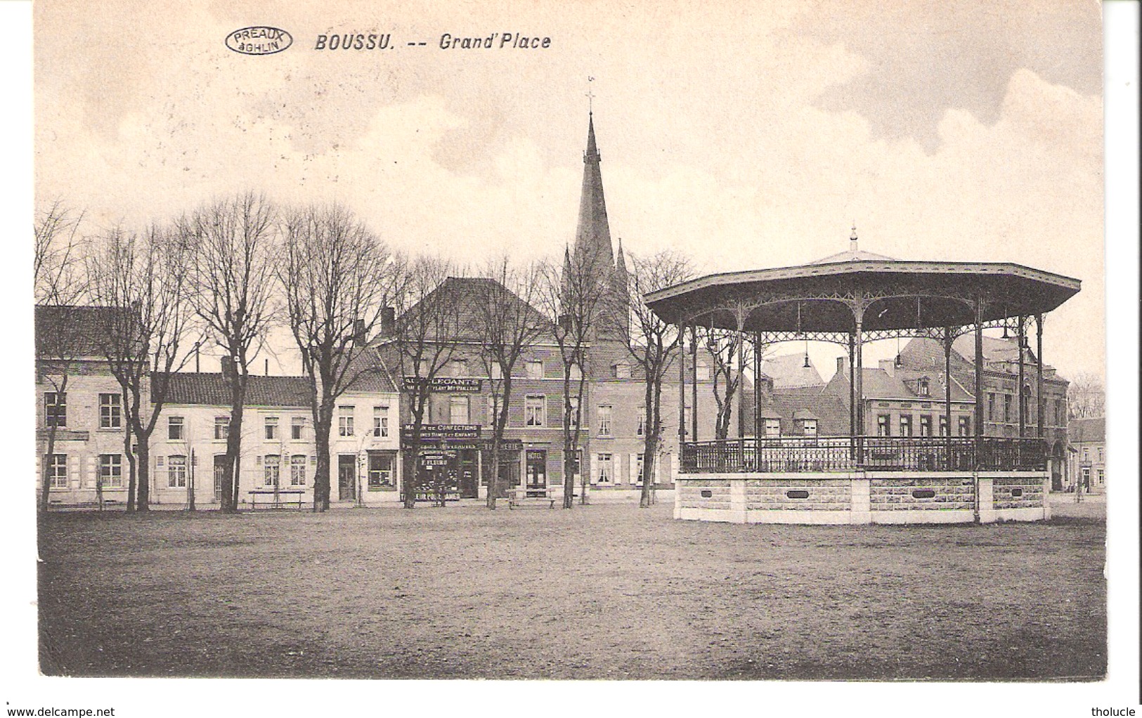 Boussu (Dour-Mons-Hainaut)-1913-Grand'Place-Commerces:Tailleur-Boucherie-Hôtel-Kiosque-Phototypie Préaux Frères, Ghlin - Boussu