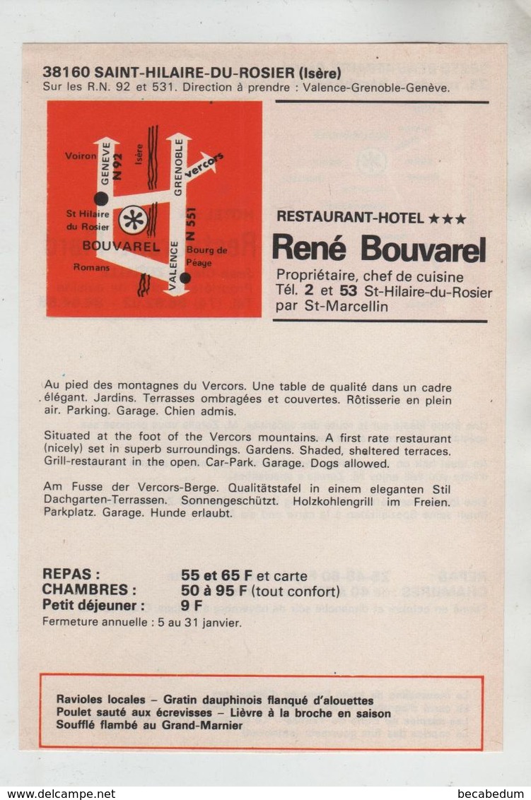 Publicité 1976 Saint Hilaire Du Rosier Restaurant Hôtel Bouvarel Alouettes écrevisses Lièvre - Advertising