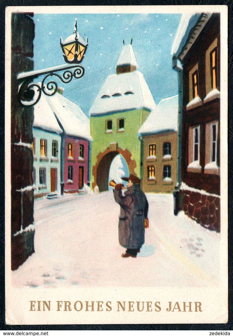 B1475 - Glückwunschkarte - Neujahr - Winterlandschaft Nachtwächter - Hansa Verlag Magdeburg - Orig DDR 1956 - New Year