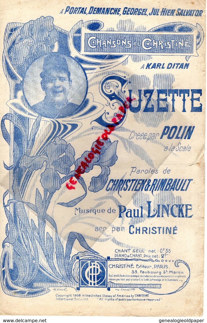 PARTITION MUSIQUE-CHANSON  CHRISTINE-KARL DITAN-SUZETTE-POLIN A LA SCALA -CHRISTIEN RIMBAULT-PORTAL-DEMANCHE-PARIS 1908 - Noten & Partituren