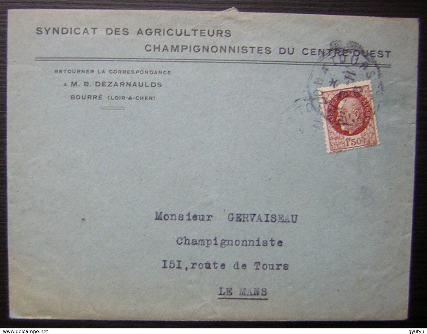 Bourré (Loir Et Cher) 1943 Dezarnaulds Lettre Du - Syndicat Des Agriculteurs Champignonnistes Du Centre-ouest - 1921-1960: Modern Tijdperk