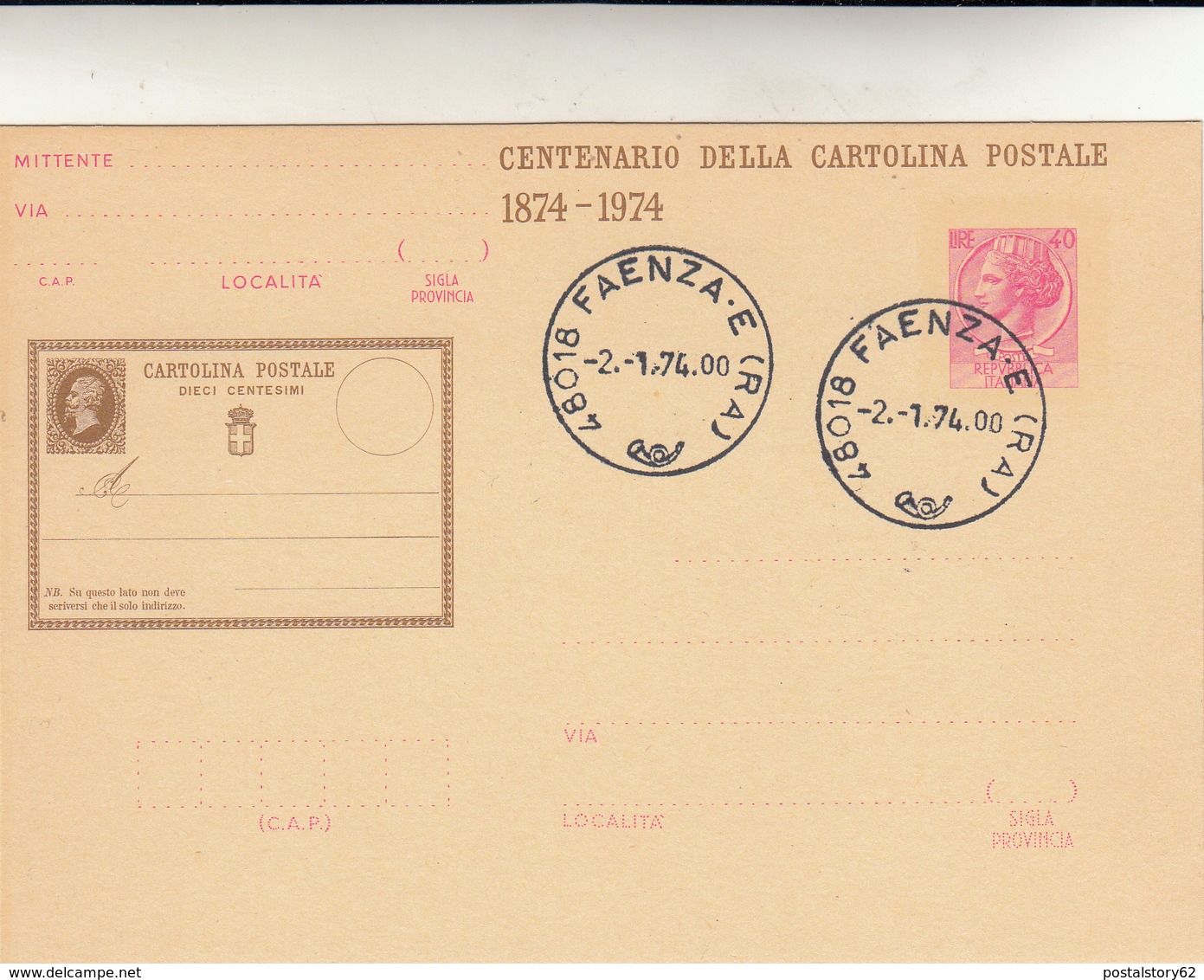 Centenario Della Cartolina Postale, 1874 - 1974 Annullata Faenza Lire 40 - Interi Postali