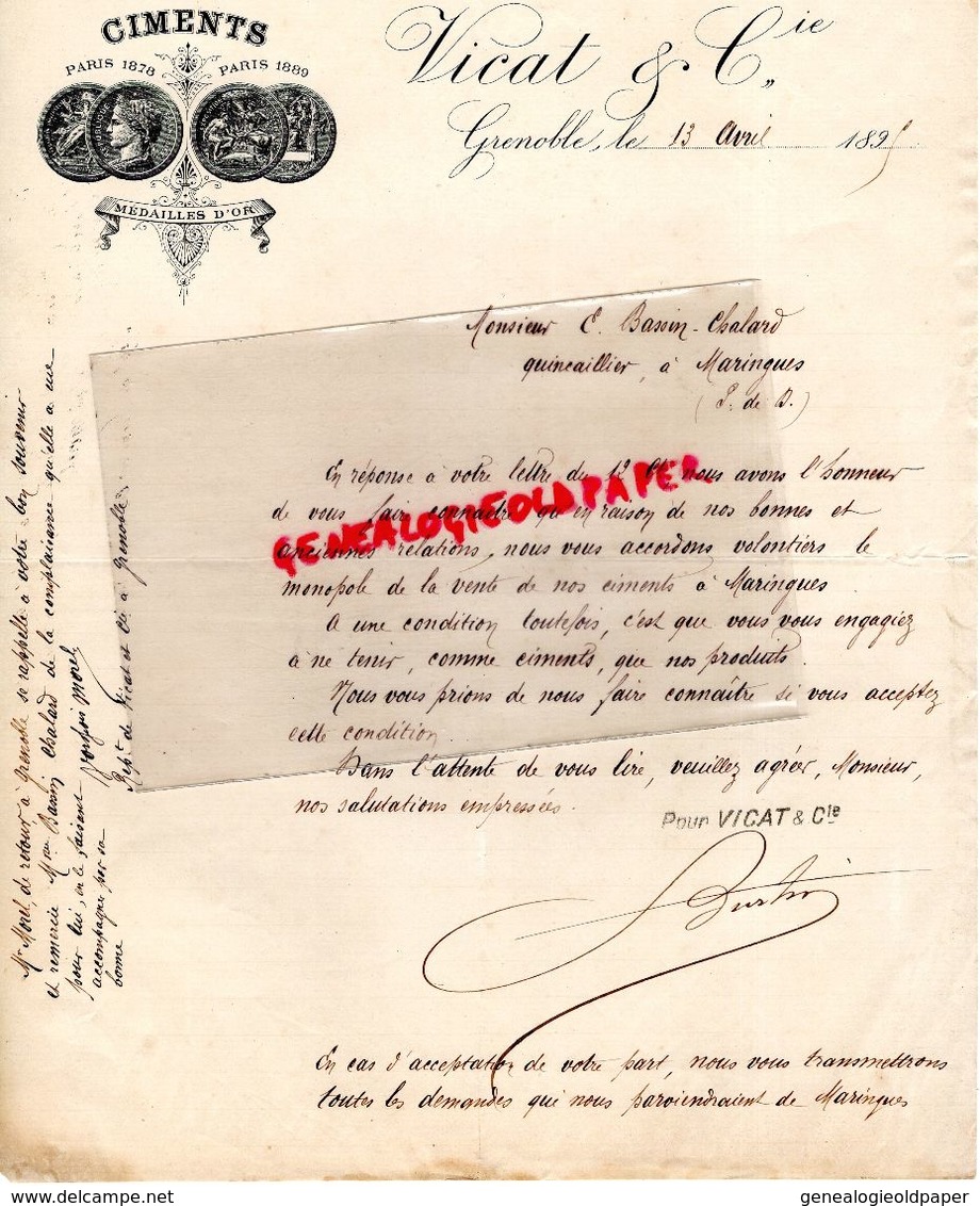 38- GRENOBLE- RARE LETTRE MANUSCRITE VICAT - CIMENTS CIMENT CIMENTERIE- 1895 - 1800 – 1899