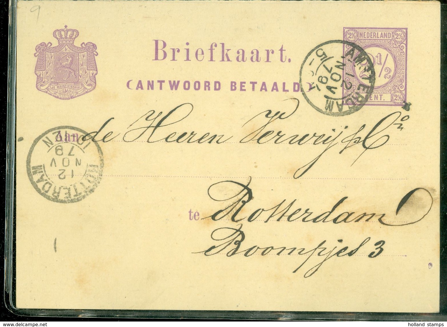 HANDGESCHREVEN BRIEFKAART Antwoord Betaald  Uit 1879 Gelopen Van AMSTERDAM Naar ROTTERDAM (10.661p) - Postal Stationery