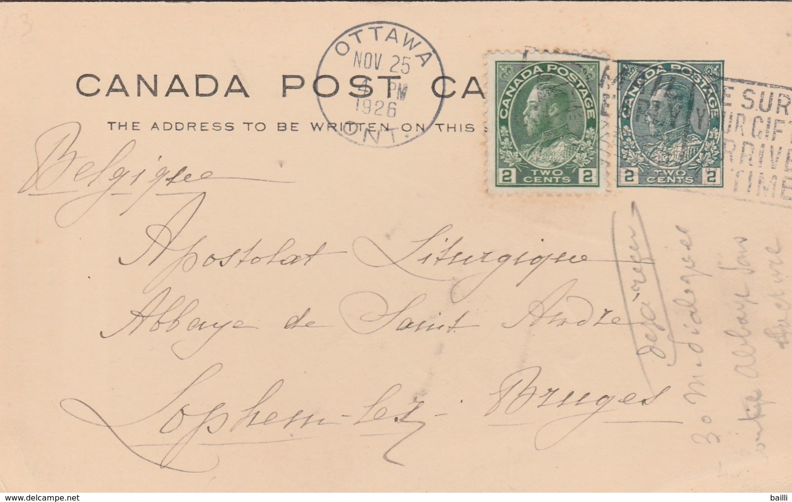 Canada Entier Postal Pour La Belgique 1926 - 1903-1954 Reyes