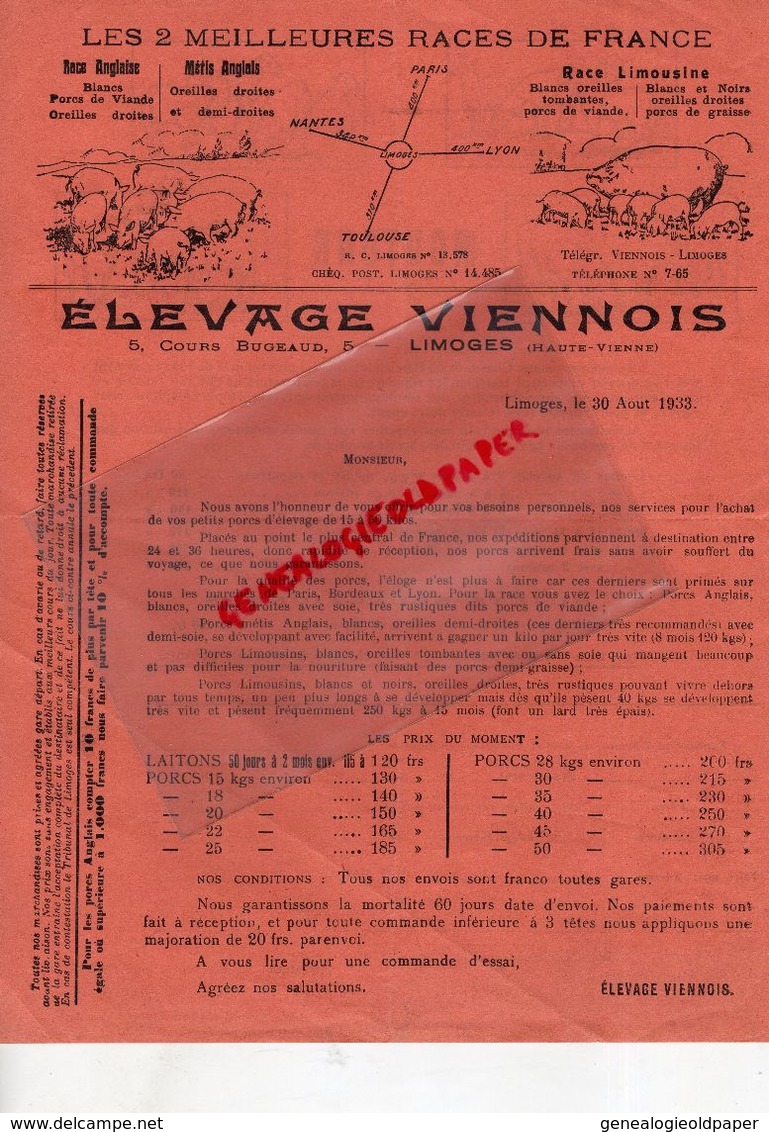 87- LIMOGES- LETTRE ELEVAGE VIENNOIS-5 COURS BUGEAUD-PORC COCHON RACE LIMOUSINE-ANGLAISE-METIS-MOUTONS-AGNEAUX BREBIS- - Landwirtschaft