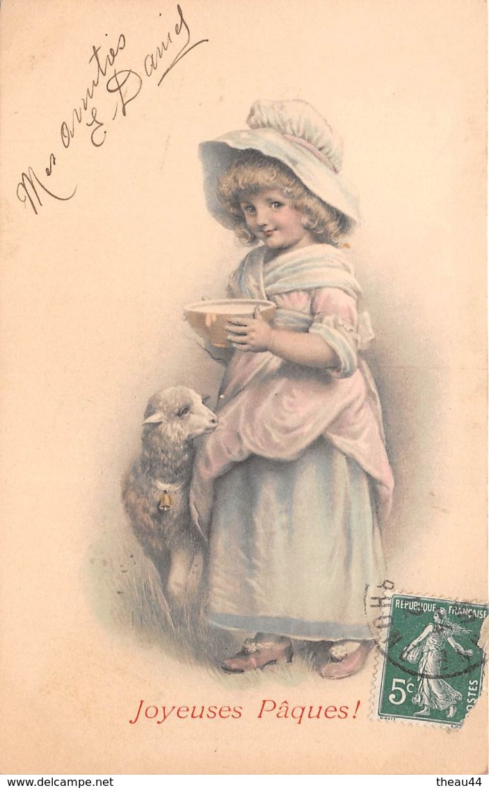 ¤¤   -  Carte Fantaisie Viennoise  -  Joyeuses Pâques !  -  Petite Fille , Mouton  -  M.M. Vienne    -  ¤¤ - Pâques