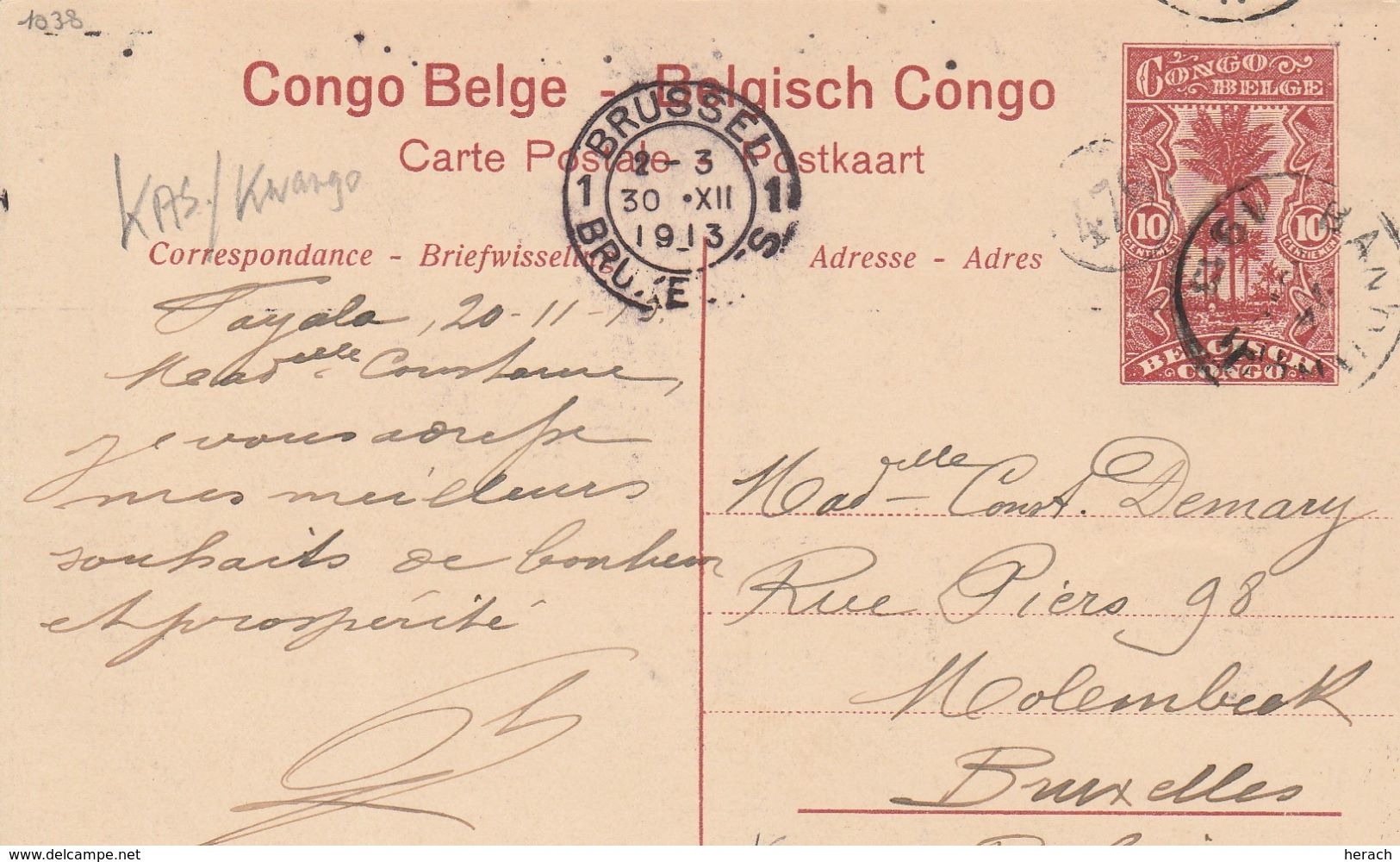 Congo Belge Entier Postal Illustré Pour La Belgique 1913 - Lettres & Documents