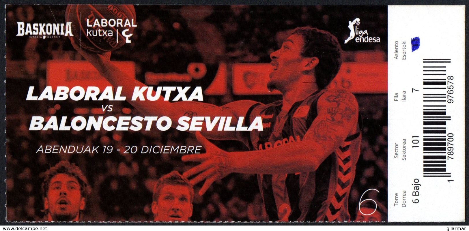 BASKETBALL - SPAIN - ENTRANCE TICKET - LIGA ENDESA: CAJA LABORAL BASKONIA Vs. BALONCESTO SEVILLA - Altri & Non Classificati