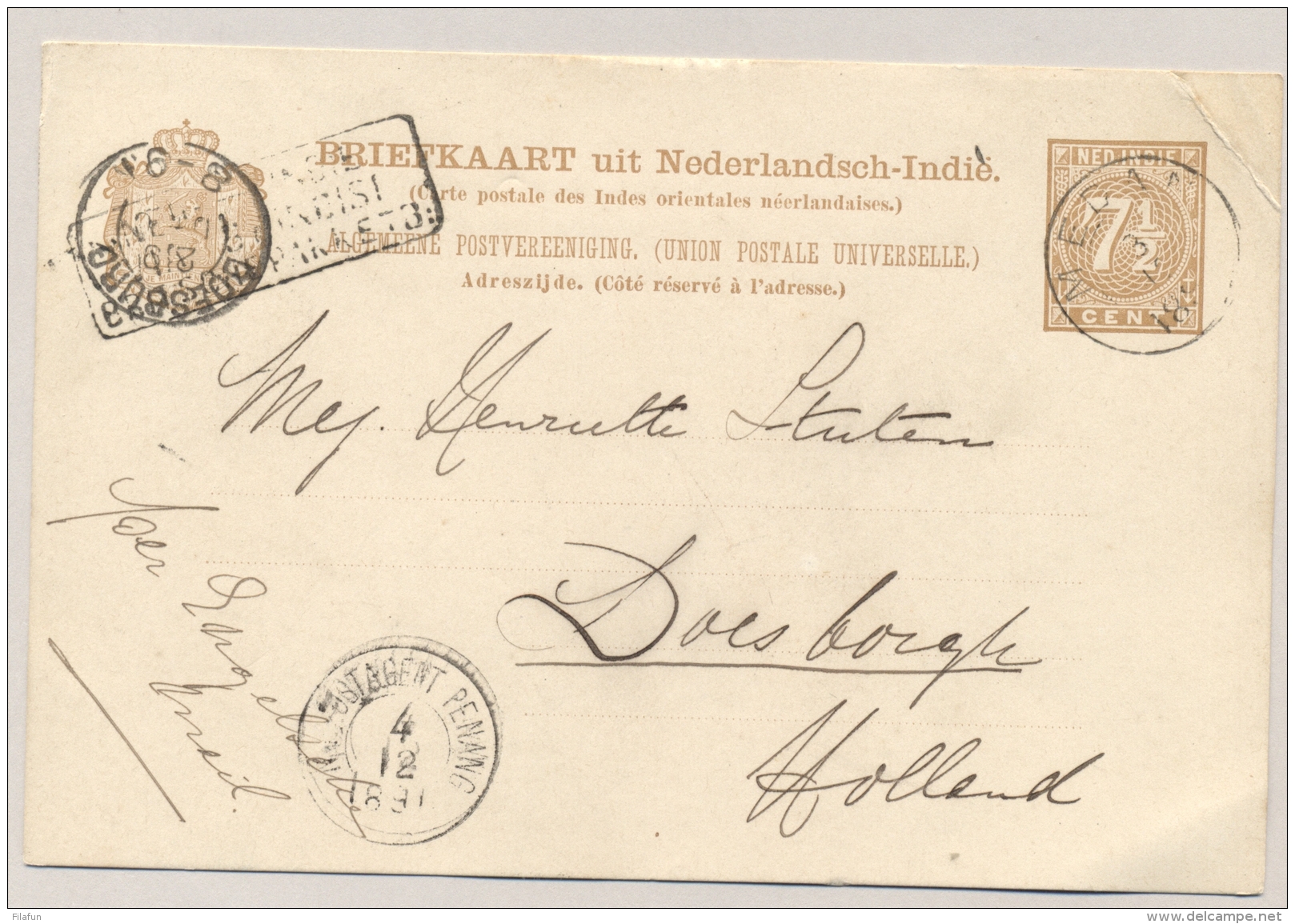 Nederlands Indië - 1891 - 7,5 Cent Briefkaart G9 Van KR MEDAN Via Penang En "Via Brindisi / Britsche Pakketb" Naar NL - Nederlands-Indië