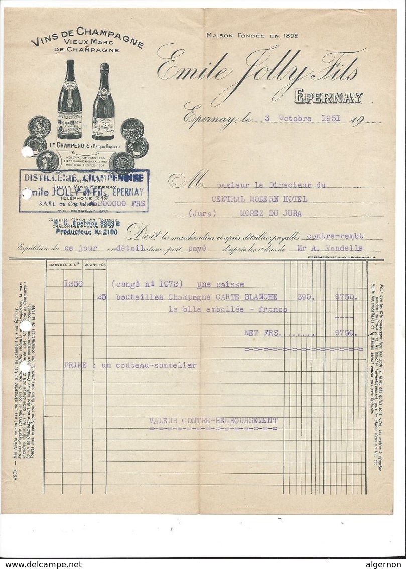 F86 - Vins De Champagne Emile Jolly Fils Epernay Facture 1951 - Alimentaire