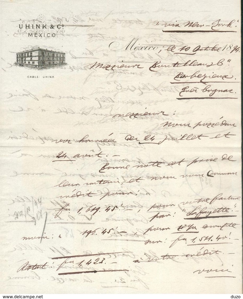 Mexique - Mexico - Entête 1894. UHINK & C°. Commande Alcool Cognac - Correspondance Double Pages - Mexico Via New-York. - Other & Unclassified