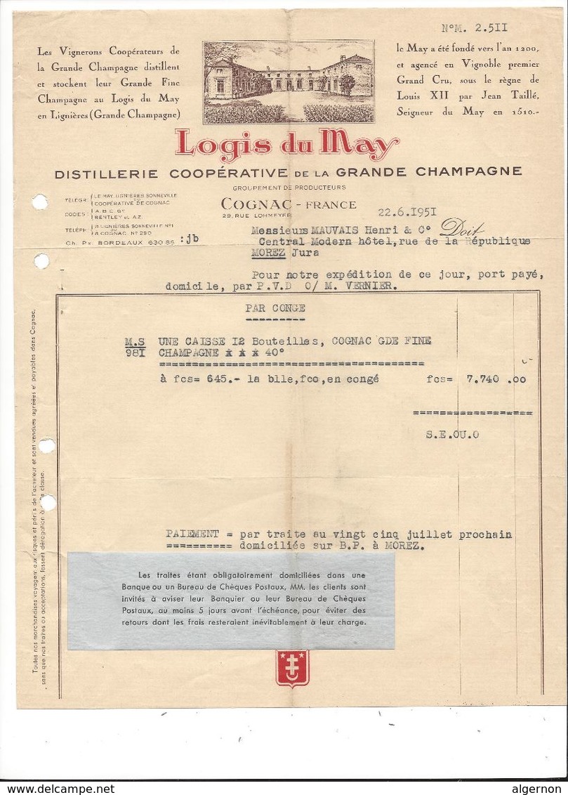 F87 - Distillerie Coopérative De La Grande Champagne Logis Du May Cognac Facture 1951 - Alimentaire