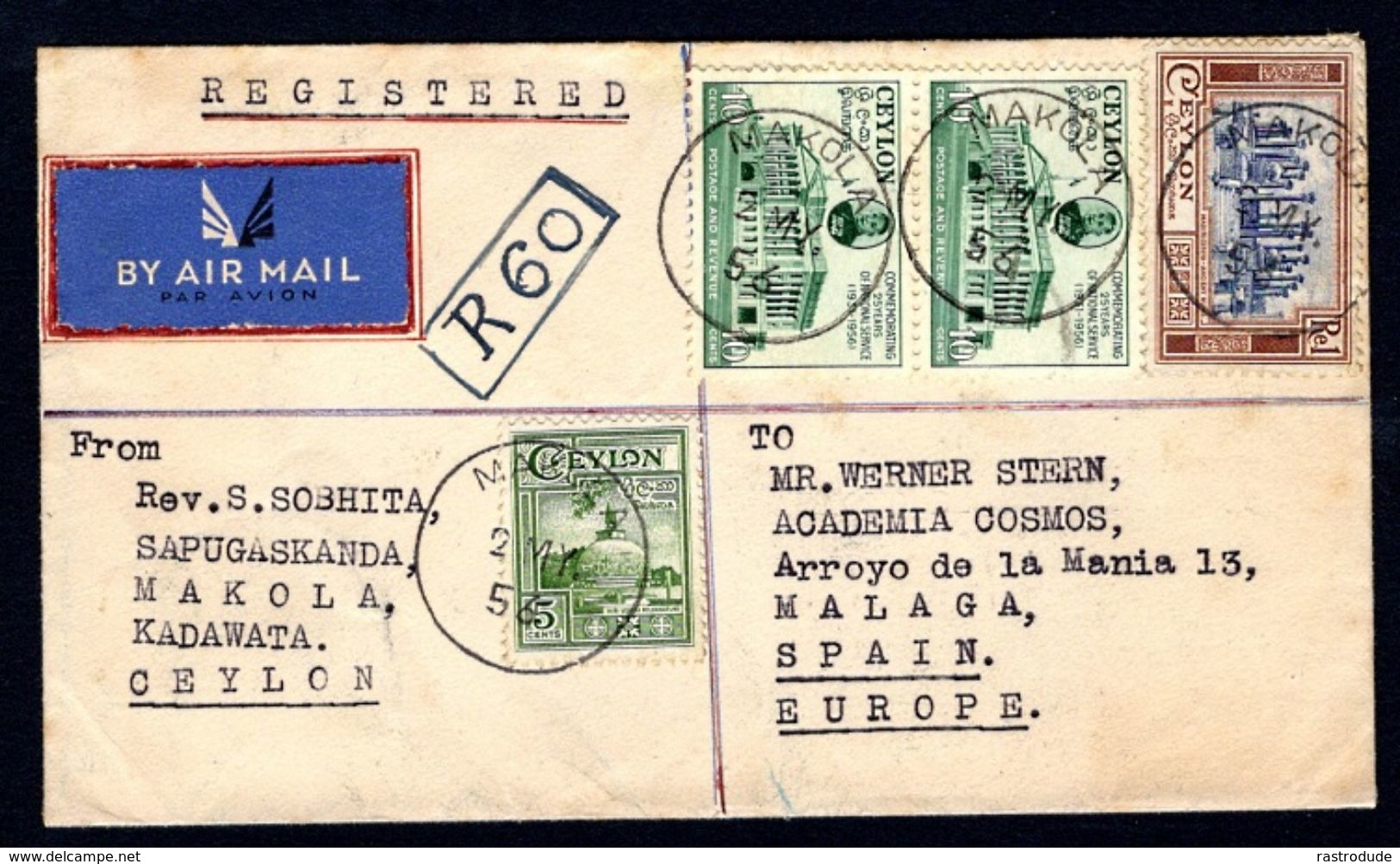 1957 Ceylon - Registered Airmail Cover To Spain - Sri Lanka - Sri Lanka (Ceylon) (1948-...)