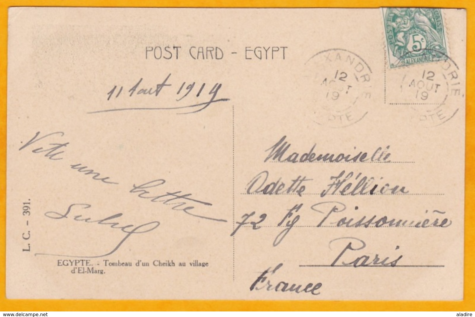 1919 - CP D' Alexandrie, Poste Française, Egypte Vers Paris  - 5 C Type Blanc Alexandrie  ​- Vue Tombeau D'un Cheikh - Briefe U. Dokumente