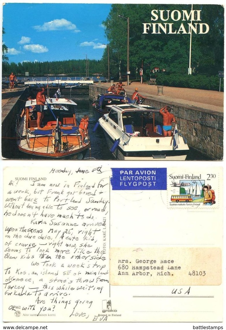 Finland 1997 Postcard Boats In Canal, Turku To U.S., Scott 749 Tourism - Finland