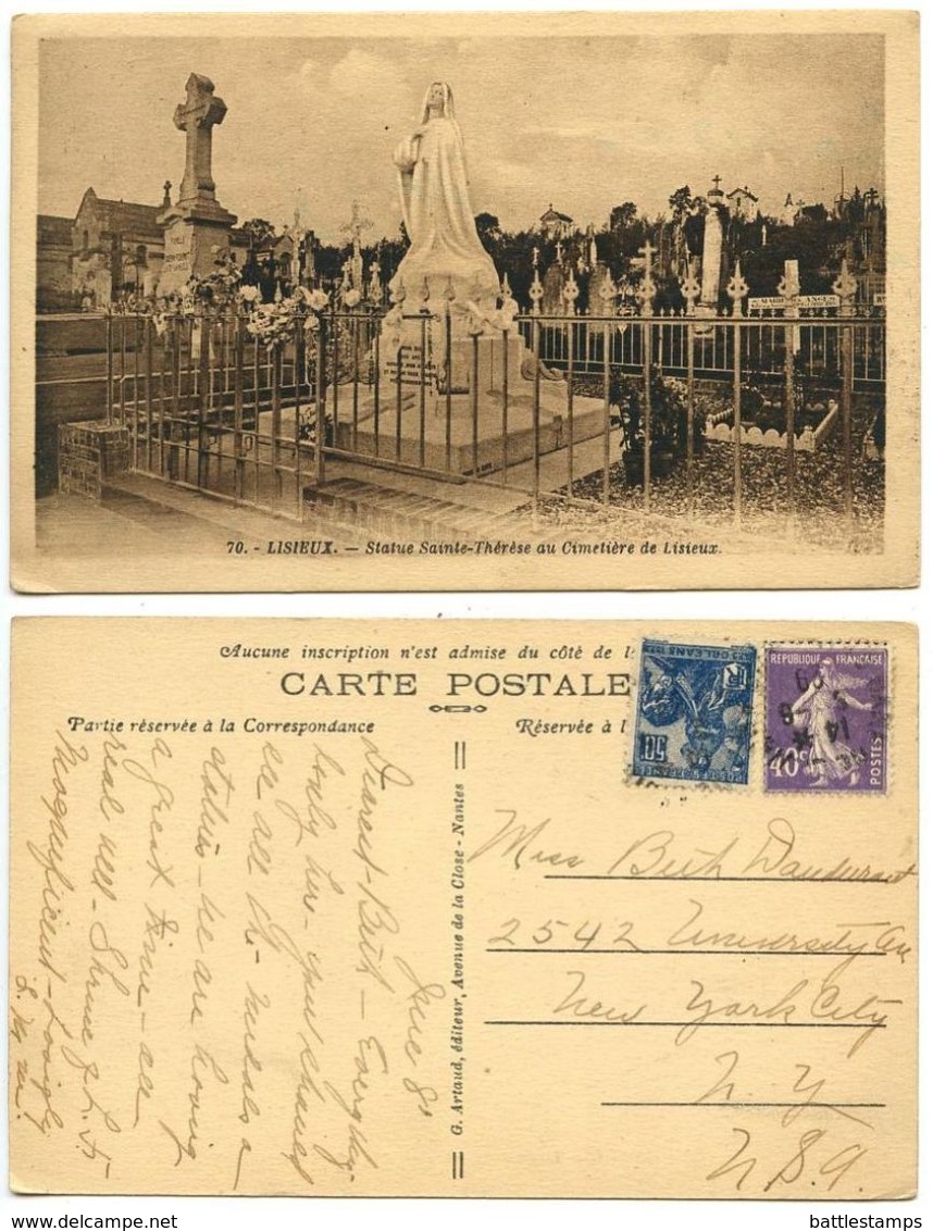 France 1929 Postcard Lisieux - Statue Sainte-Thérèse Au Cimetière, To U.S., Scott 180 & 245 - Lisieux