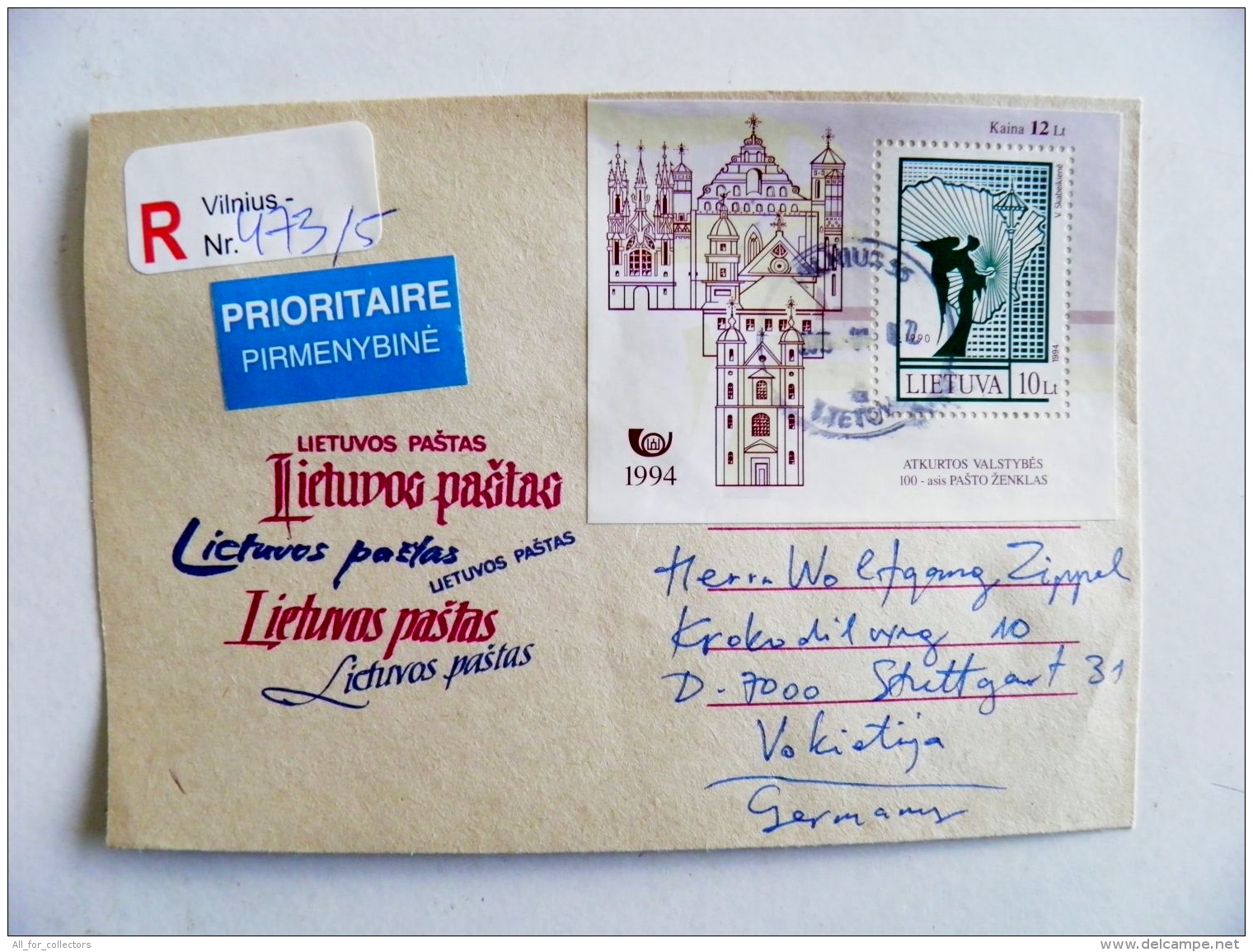 Cover Lithuania M/s 1994 100th Post Stamp High Value Registered To Germany - Lithuania