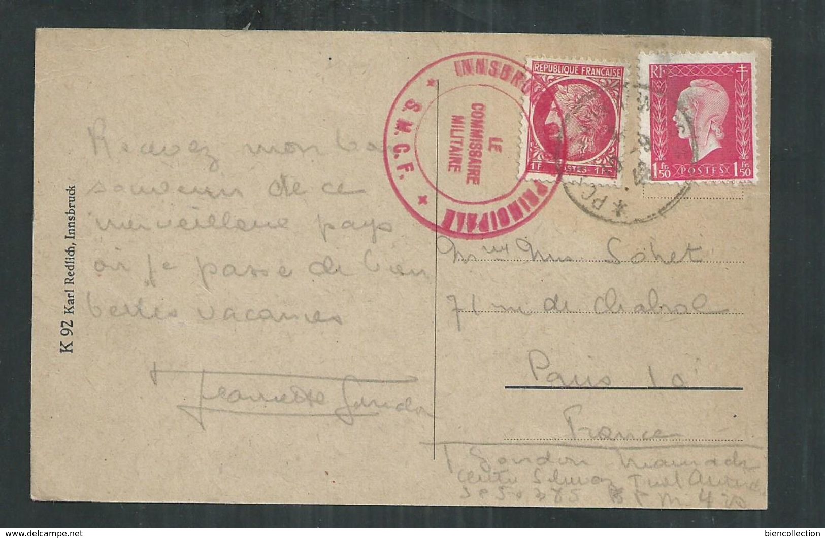 CP Oblitération Poste Aux Armées Et Cachet Le Commissaire Militaire Innsbruck Gare Principale 10/09/1946 - 1921-1960: Moderne