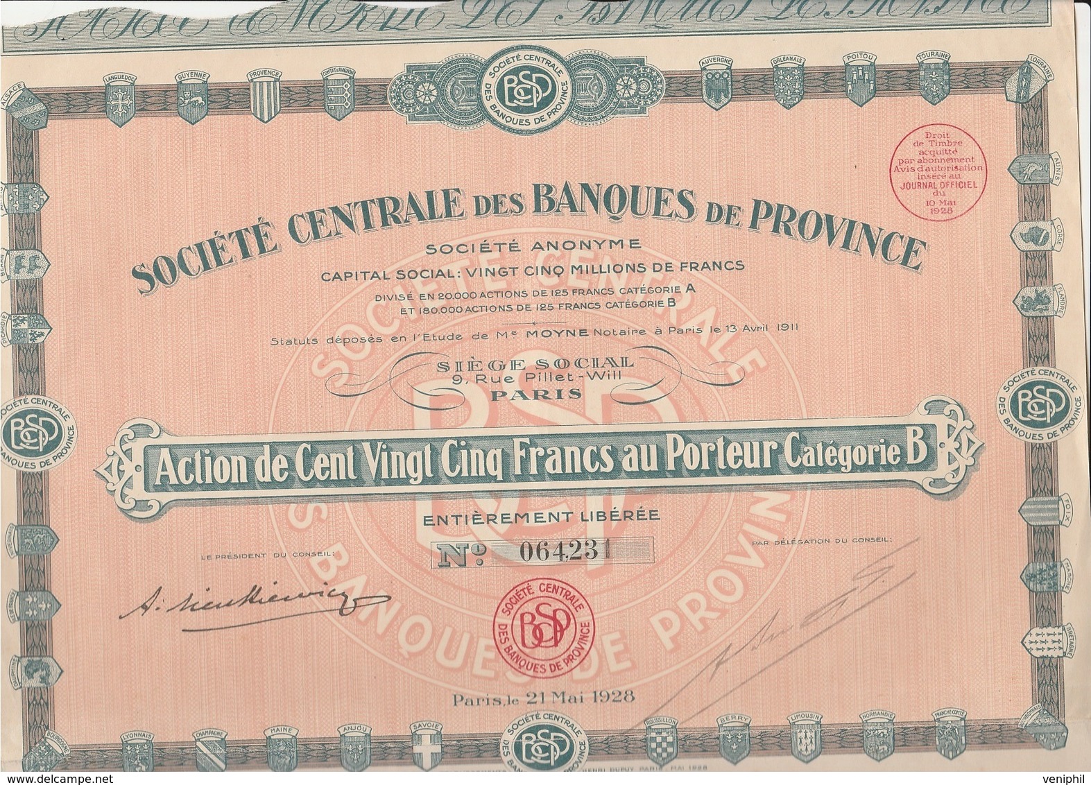 ACTION DE 125 FRS - CATEGORIE B - SOCIETE CENTRALE DES BANQUES DE PROVINCE - ANNEE 1928 - Bank En Verzekering