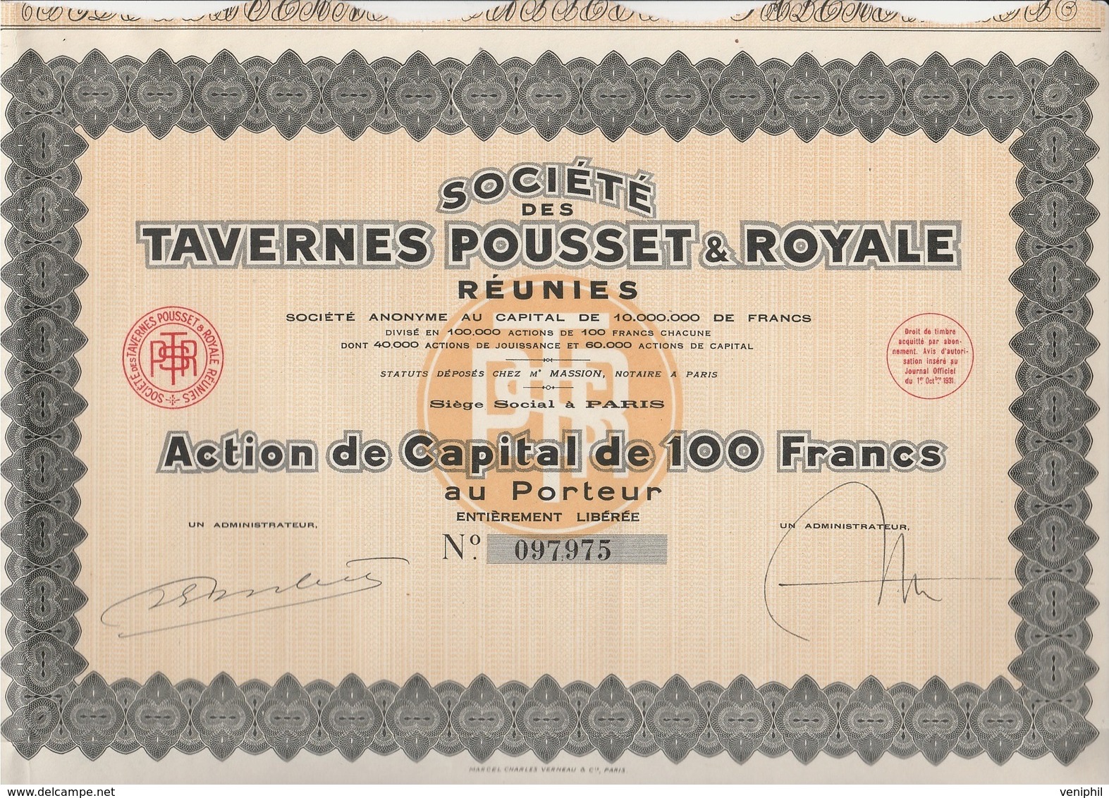 ACTION DE CAPITAL DE 100 FRS -SOCIETE DES TAVERNES POUSSET ET ROYALE REUNIES - 1931 - Autres & Non Classés