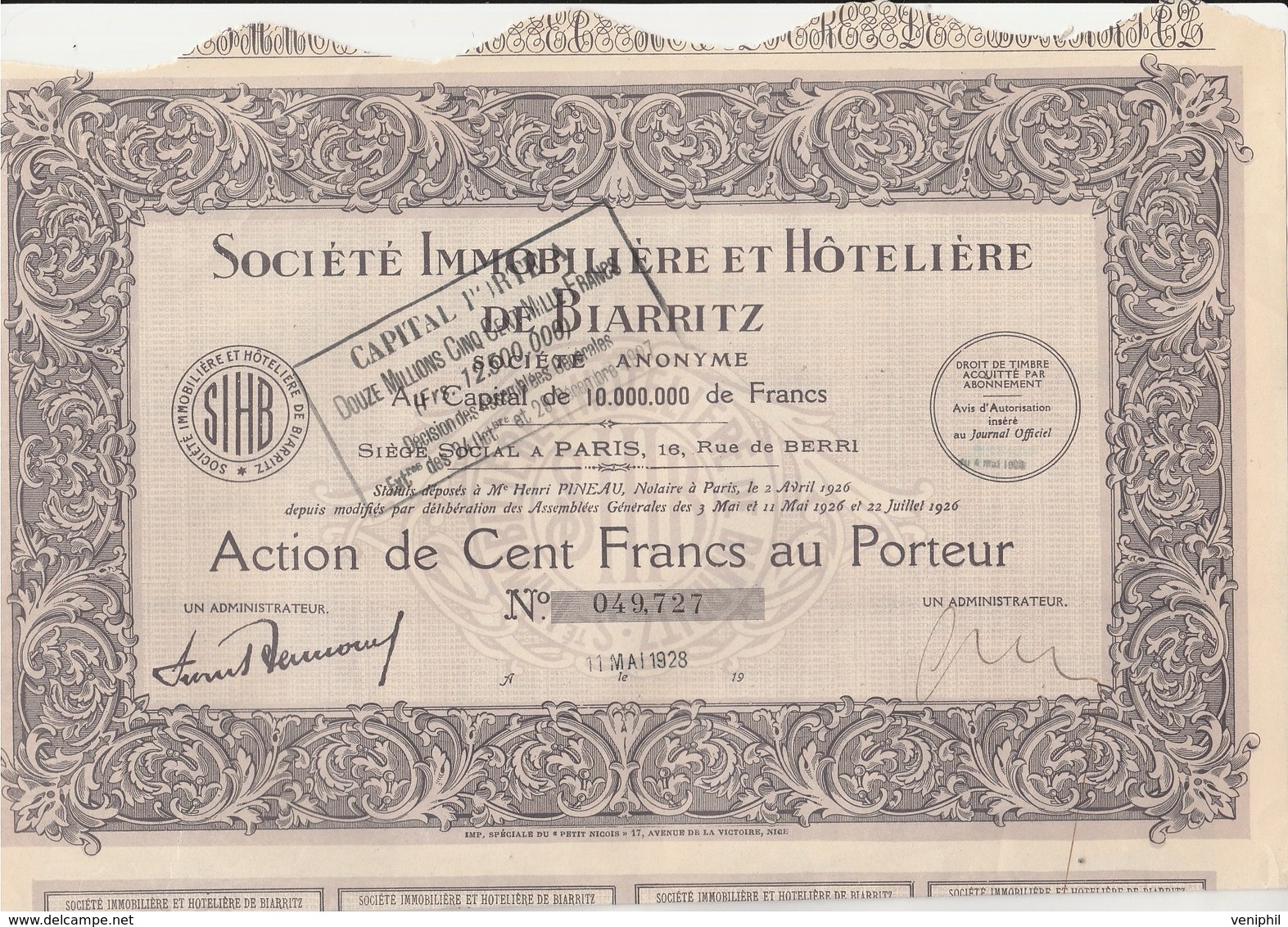 ACTION DE 100 FRANCS - SOCIETE IMMOBILIERE ET HOTELIERE DE BIARRITZ - 1928 - Otros & Sin Clasificación