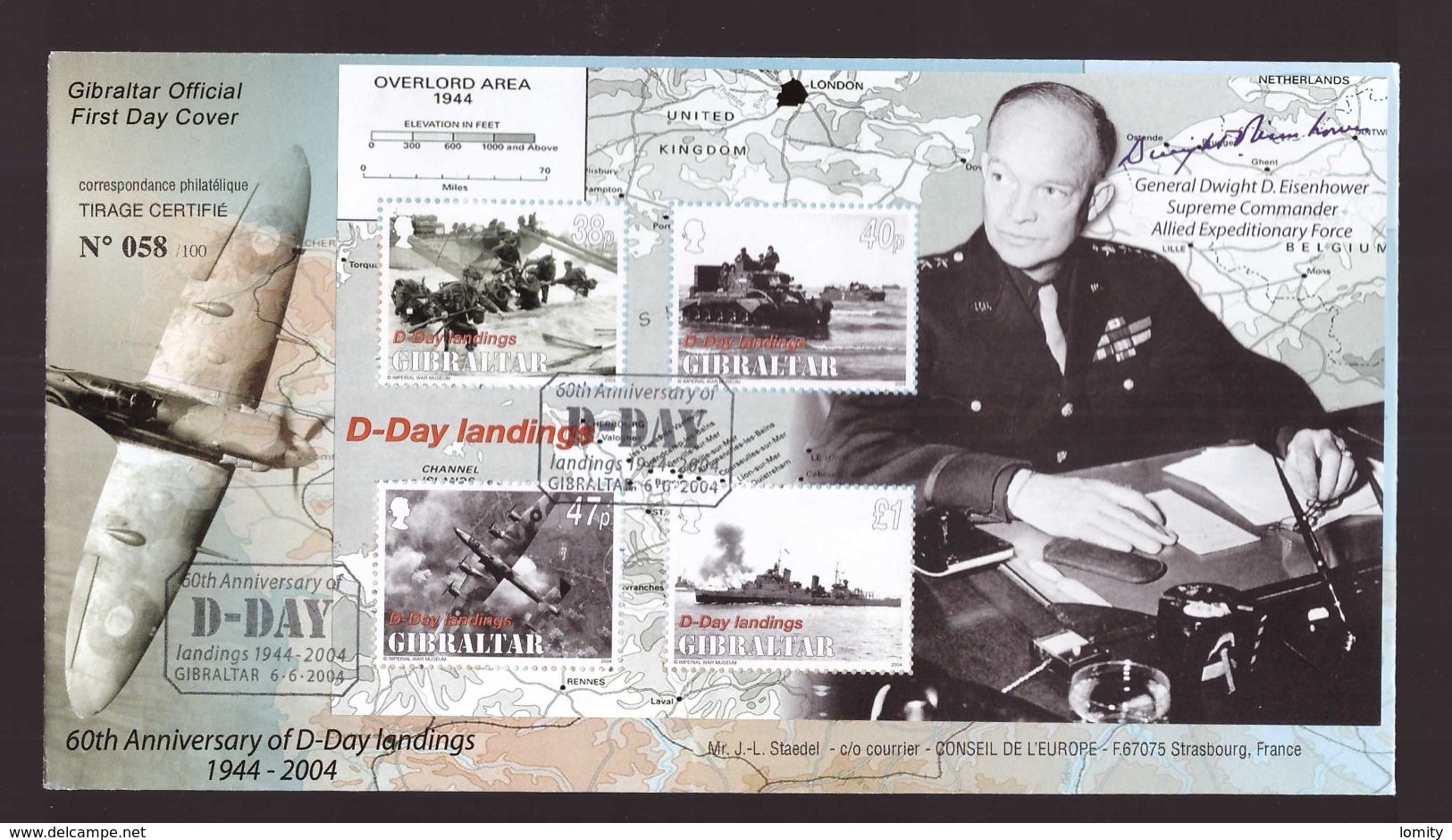 Lettre Enveloppe Timbres Gibraltar 60eme Anniversaire Dday 1944 2004 Général Eisenhower Debarquement - Guerre Mondiale (Seconde)